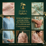 A luxury fashion collage for Zehra Fashion Eid Edit 2026 on a deep emerald green background. Six gold-framed panels showcase pastel-colored outfits in mint, blush, and sky blue with intricate gold embroidery and traditional jewelry. The center features the brand logo and the title: "The Intersection of Tradition and Contemporary Grace" in elegant gold typography.